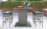 5-Piece Rattan Dining Table Set, PE Wicker Square Kitchen Table Set with Storage Shelf and 4 Padded Stools for Poolside, Garden, Gray Wicker+Dark Gray