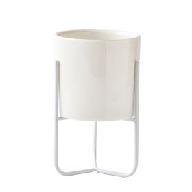 Gold-plated Iron Vase Simple Iron Frame Ceramic Flower Pot (Option: White Frame Middle Basin-Perforated)