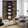 Moonlit Garden Tapestry, Moon Phase Tapestries Flower Vine Tapestry Black Background Tapestry