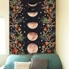 Moonlit Garden Tapestry, Moon Phase Tapestries Flower Vine Tapestry Black Background Tapestry