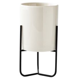 Gold-plated Iron Vase Simple Iron Frame Ceramic Flower Pot (Option: Black Frame High Basin-No Hole)